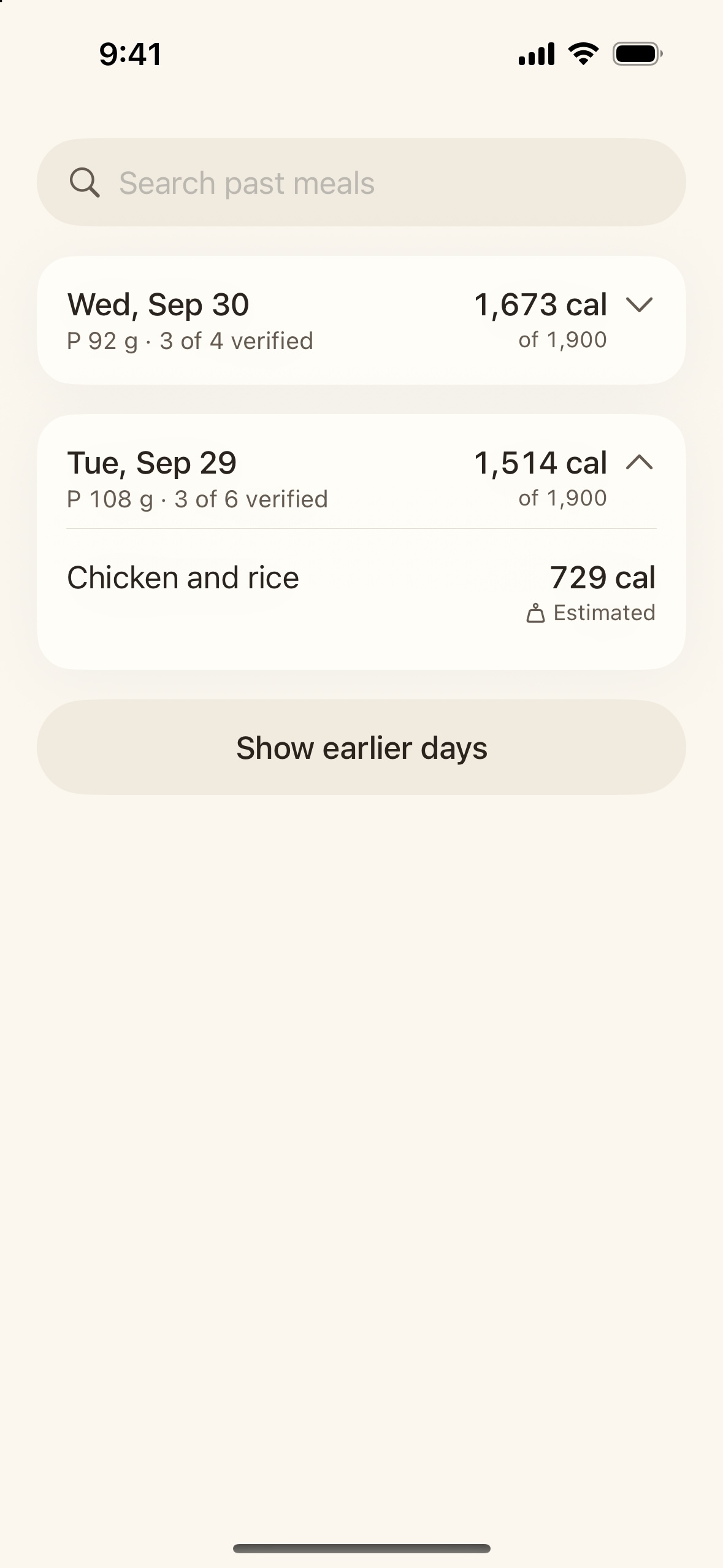 History list of past days with calories against the goal