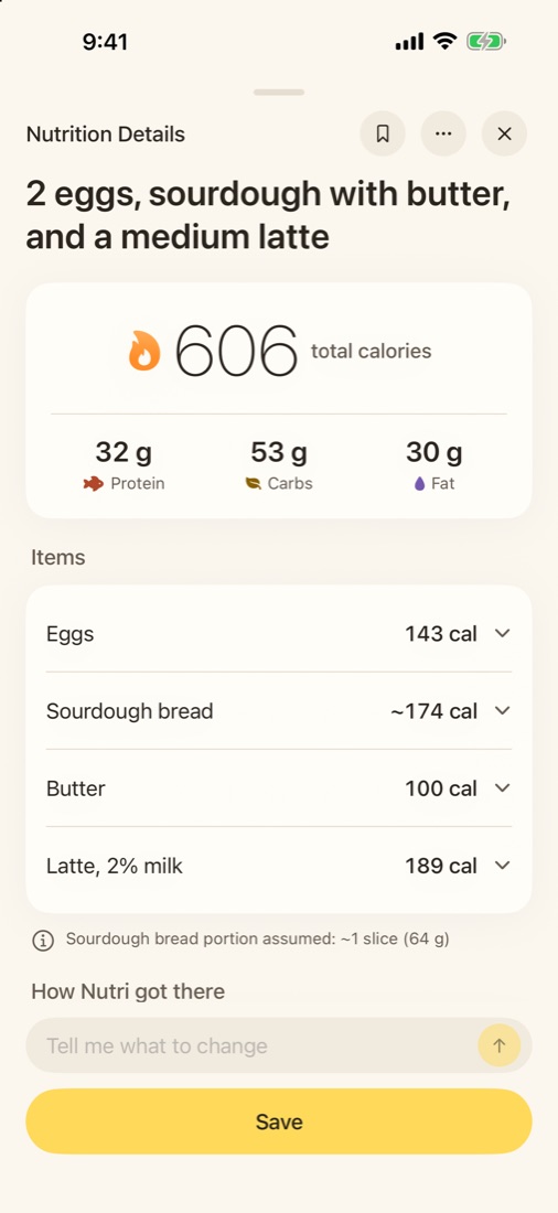 Meal analysis sheet with total, macros and items