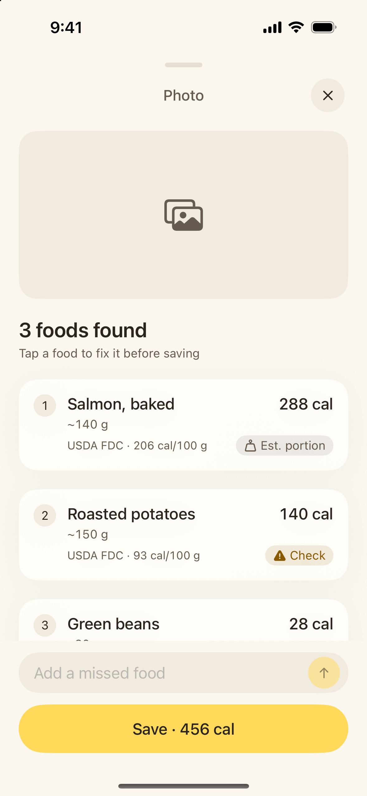 Photo review listing detected foods to fix before saving