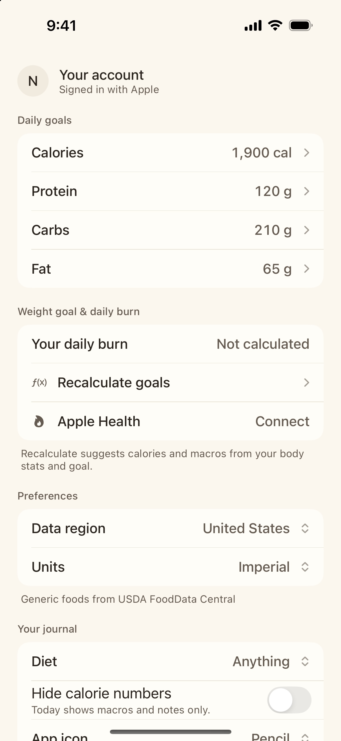 Profile with daily goals, recalculate goals and Apple Health