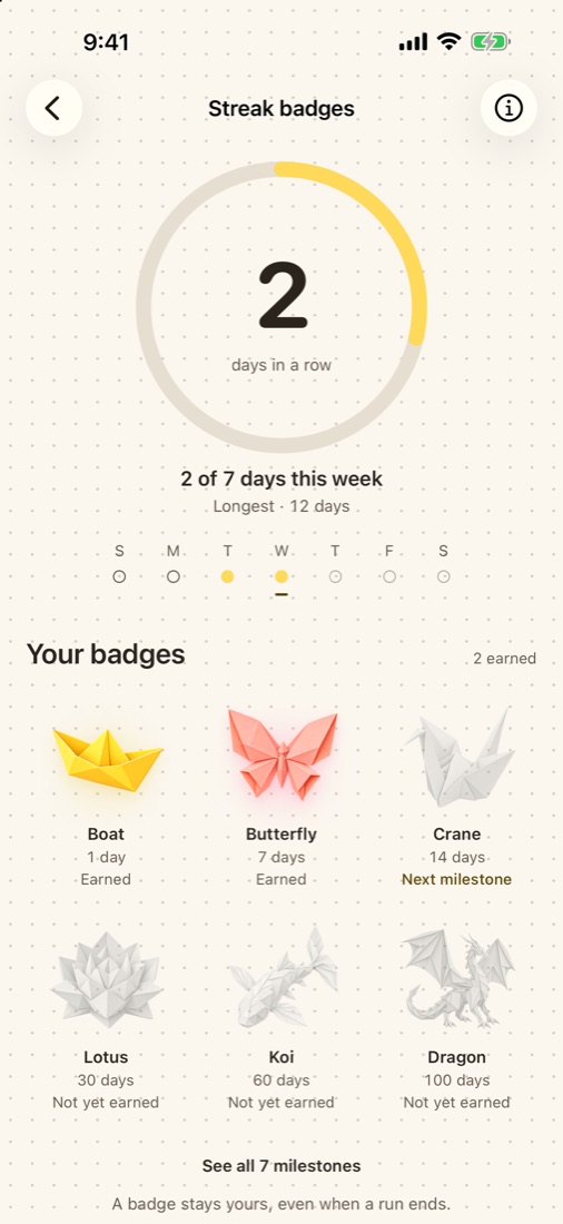 Streaks screen with weekly ring and calendar
